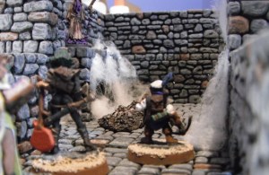 Hirst Arts Modular Dungeon.  Reaper Miniatures Astrid the Bard, Darkspawn Cultist, Spider Swarms, Jolie Female Scribe and Marius Burrowell.